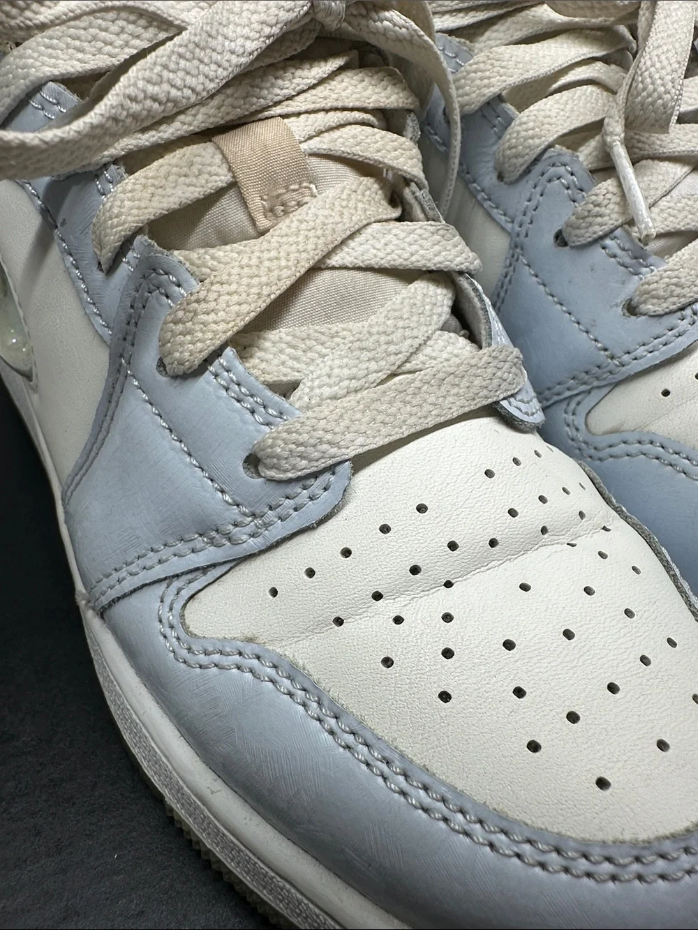 Air Jordan Kids Mid-Top Sneakers in White and Light Blue with Iridescent Swoosh